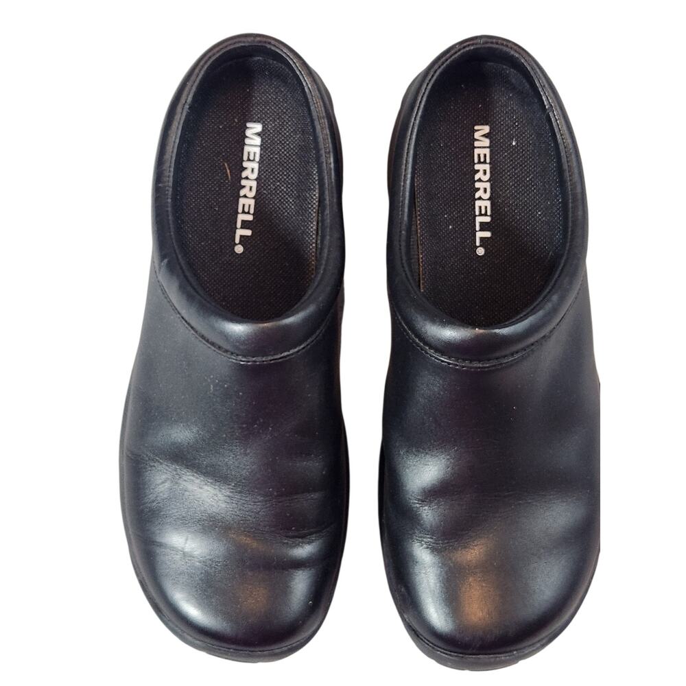 Merrell Encore Black Leather Slip-On Clogs Shoes‎ Women's Size 7 Comfort Casual